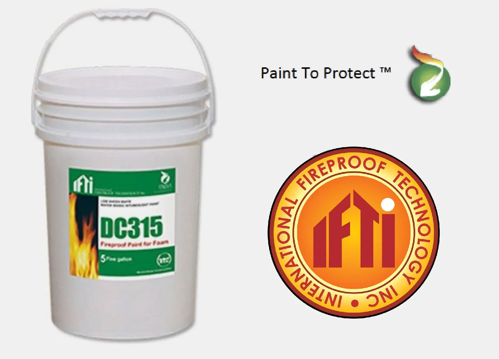 Five gallon pail of DC315 fireproof paint for foam beside the International Fireproof Technology logo